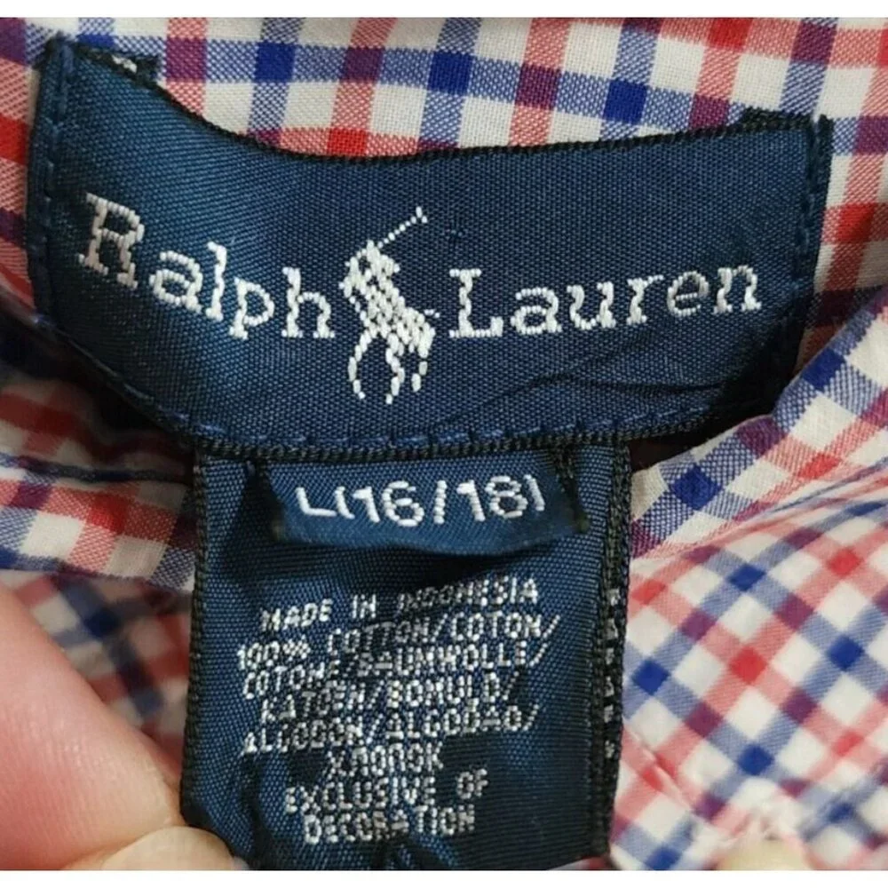 Ralph Lauren Red / Blue Plaid Long Sleeve Button Down Shirt Youth Size L 16 / 18